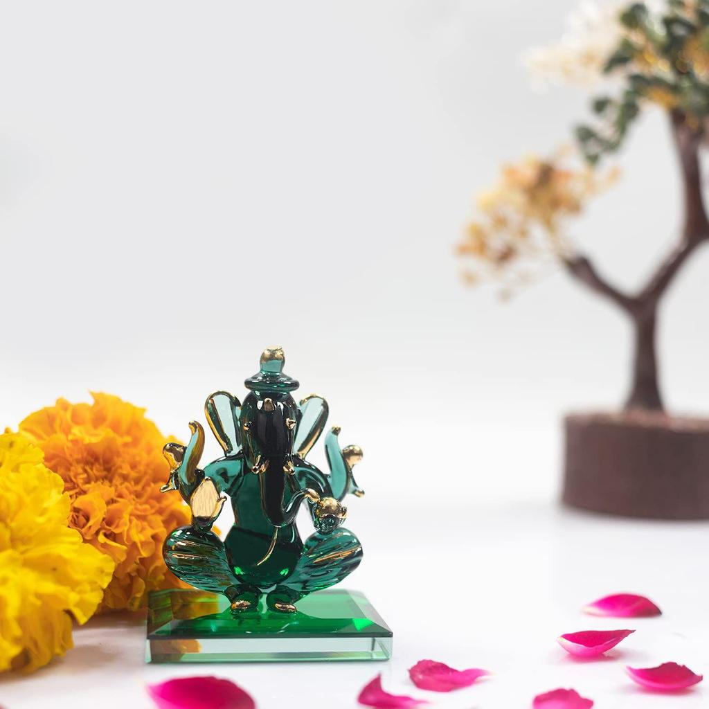 God Ganesh Sitting with Base Statue (Murti) Idol Showpiece Handmade of Crystal Glass by for Worship, Decoration, Car Dashboard, Gift (Dark Green),