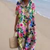 Women Floral Print Maxi Dress Colorful V Neck Short Sleeve Loose Casual Summer Beach Dress Vacation Workout Wear