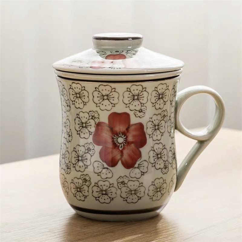 Modrobílý porcelánový šálek na čaj Keramický ručně malovaný Retro hrnek s oddělovačem na vodu a víčkem s filtrem Kancelářské šálky na čaj Nápojové nádobí