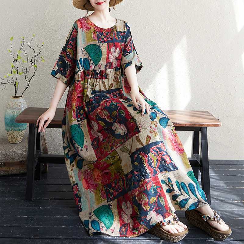 Thin Cotton and Linen Round Neck Short Sleeved Retro Long Skirt for Long Women