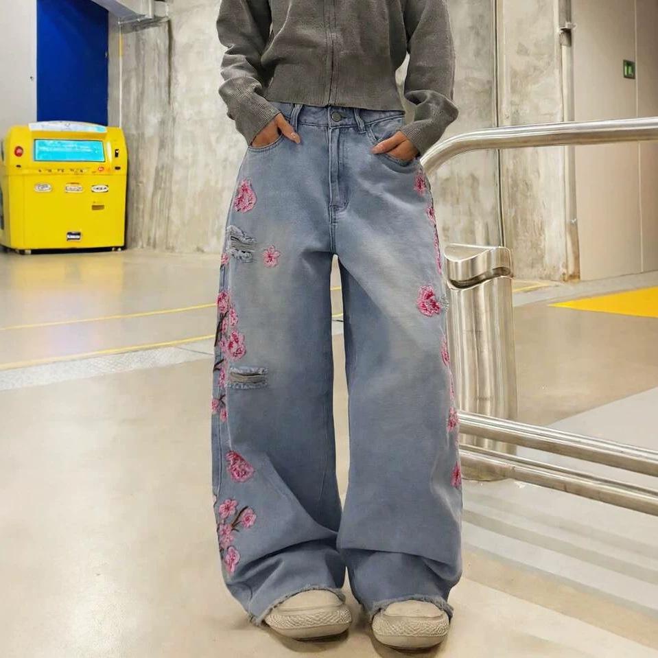New Women's Straight Leg Embroidered Jeans - European & American Street Style, Non-Stretch, Hot Item