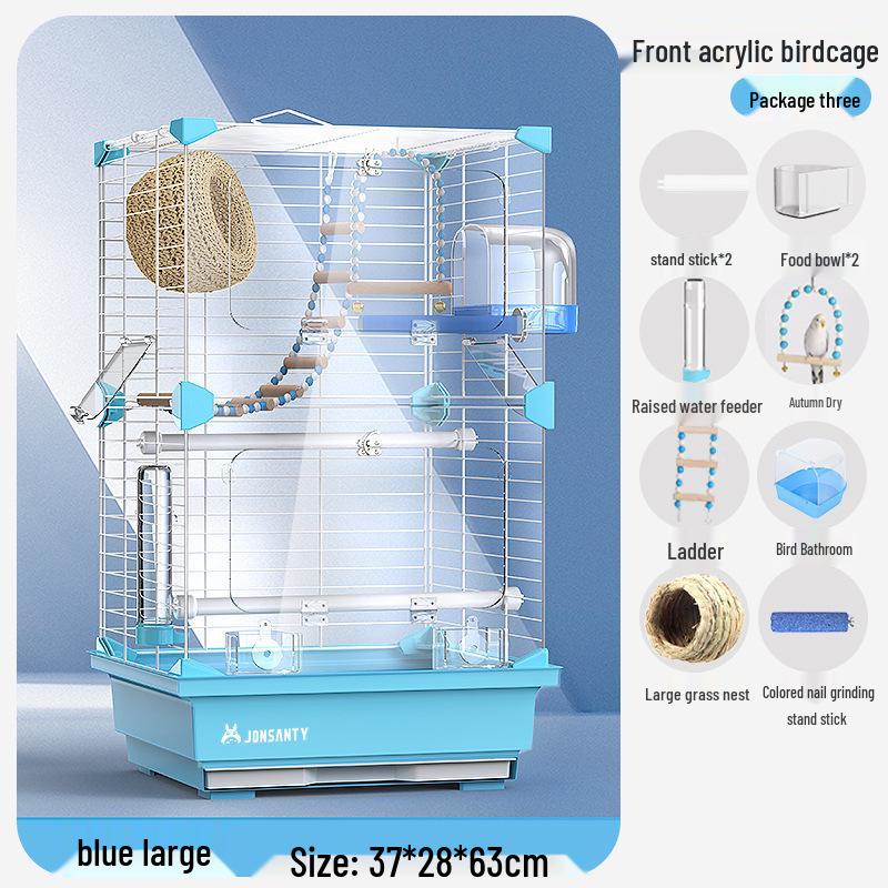Großer Acryl-Vogelkäfig für Papageien, Nymphensittiche & Wellensittiche - Transparente Vorderseite mit Metallrahmen