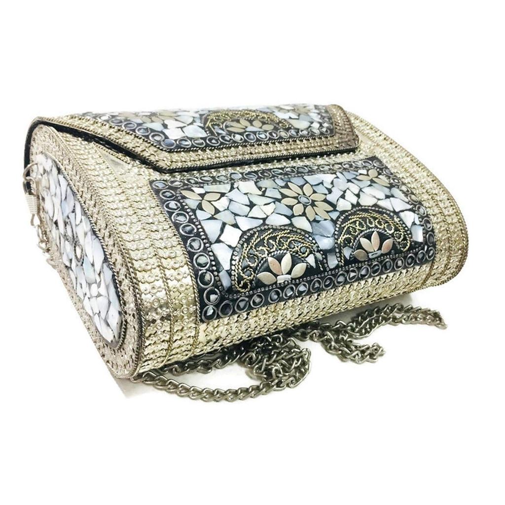 Antike indische Kunst Handgefertigte Steinmosaik Metalltasche Damen/Mädchen Braut Metallclutch Party Umhängetasche
