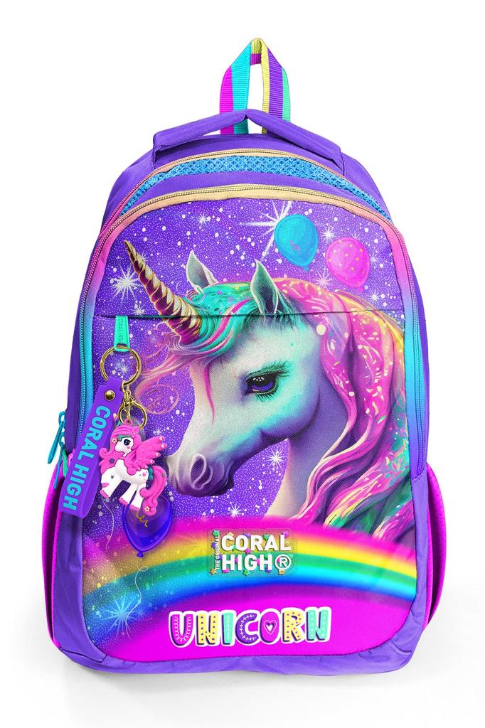 Coral High Kids Purple Glittery Unicorn Patterned Three Compartment School Backpack 23663