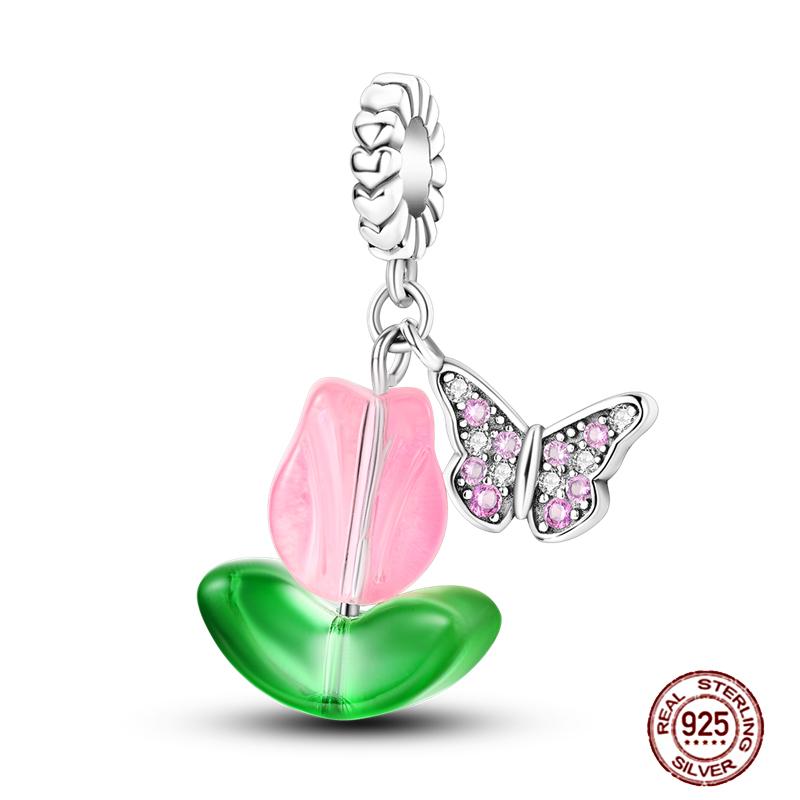 Colorful Heart Murano Glass Flower Travel Pink Charm Bead Components Copper Metal Compatible With Authentic Original Bracelet High Quality Fine