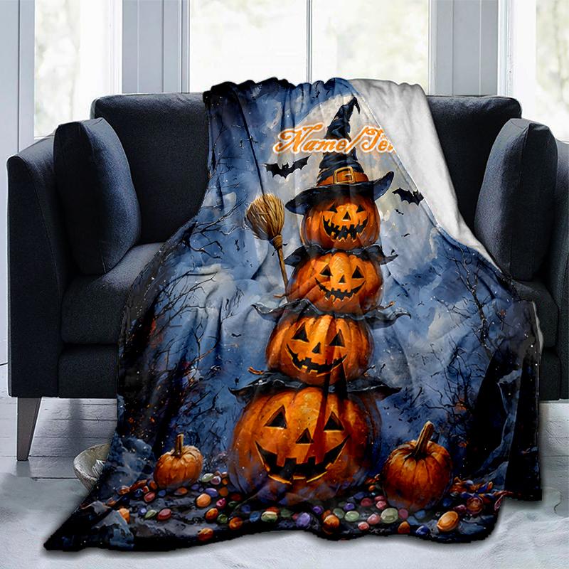 1PC Custom Name Halloween Pumpkin Stack outdooor Flannel blankets Throw Blanket All-Season Throw Gift Bedspread for Couch, Bed, Camping Holiday Birthd