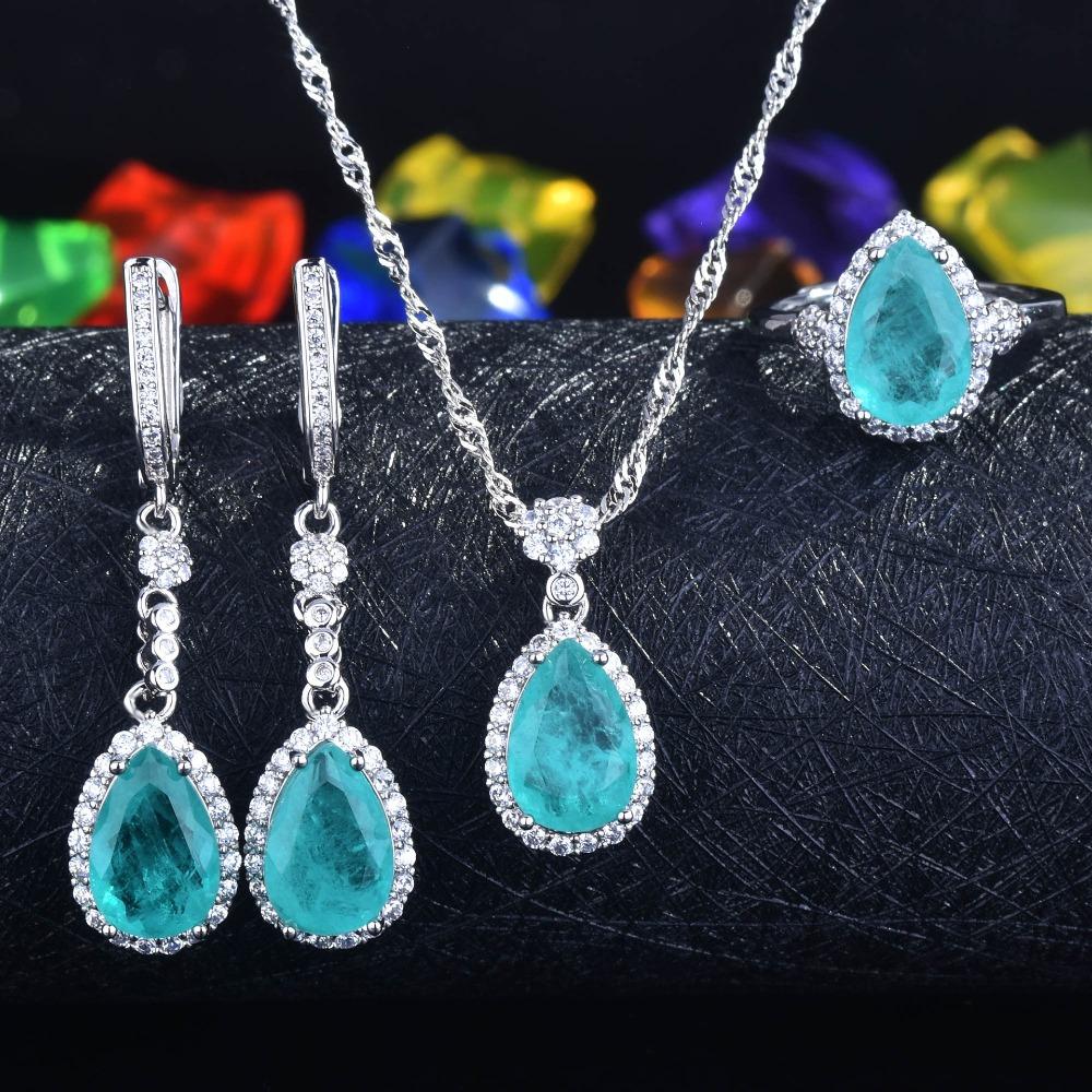 Women Jewelry Set Simulated Paraiba Teardrop Ring Pendant Necklace Earrings