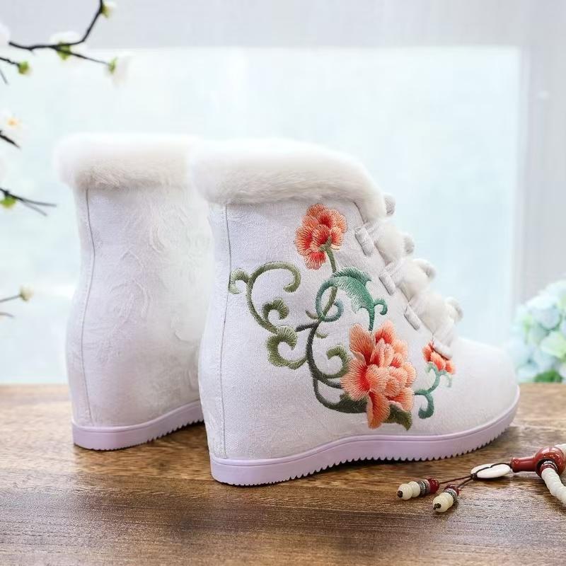 Women's Winter Wedges Ankle Embroidered Cotton Boots Increased Internal Ethnic Style Round Toe Plush Warm Canvas Hanfu Boots