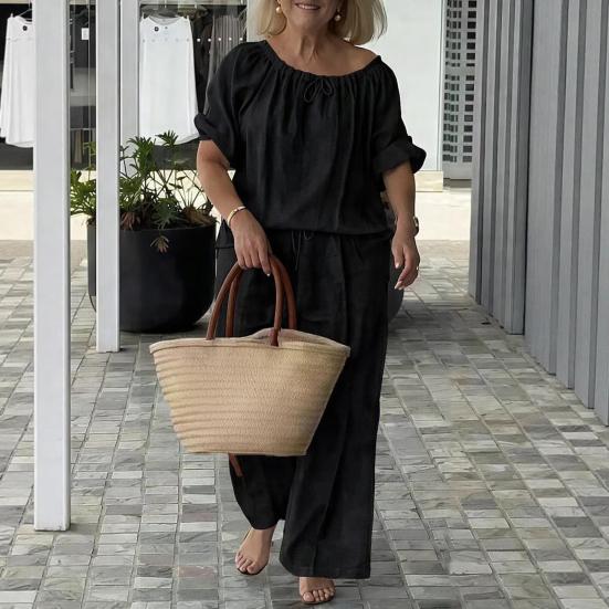 Summer Cotton Linen 2 Piece Outfits for Women Casual Short Sleeve Drawstring Crew Neck Top And Wide-Leg Pants Lounge Matching Set