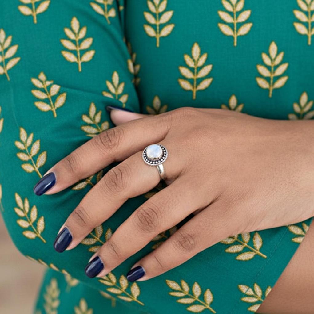 Round Shape Rainbow Moonstone Ring, 925 Sterling Silver, Minimalist Boho Ring, Promise Ring for Her