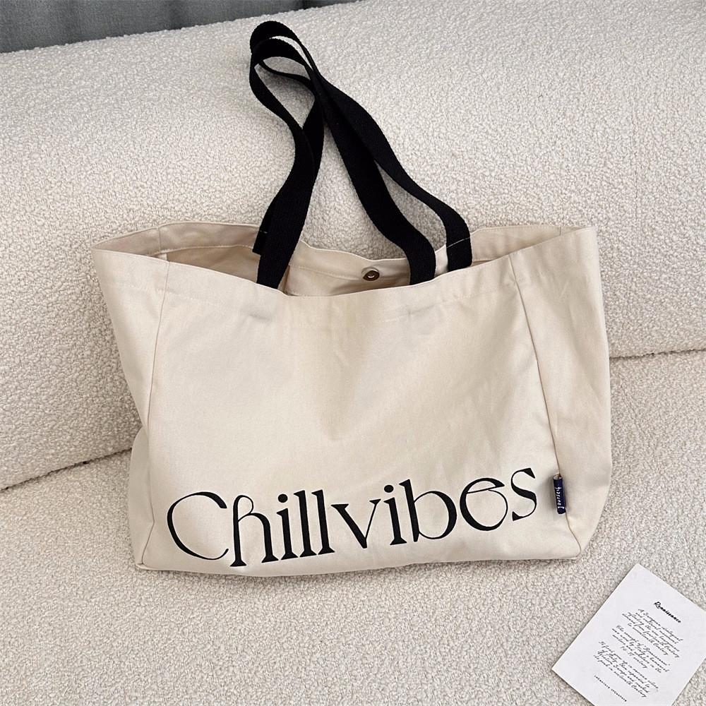 Stylish Beige Canvas Tote Bag With Trendy Letter Print For Casual Shopping