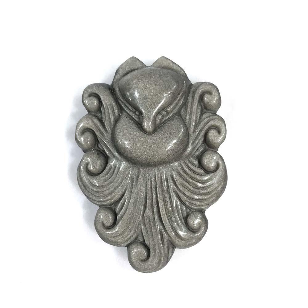 Silver Obsidian Nine-Tailed Fox & Plum Blossom Pendant Necklace