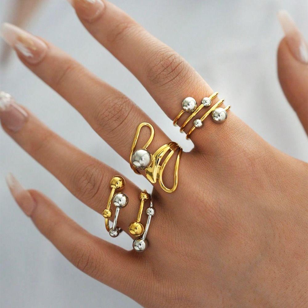 18K Gold Color Plated Finger Rings Stainless Steel Material Double Tone Design Geometric Rings Hollow Construction PVD Plated