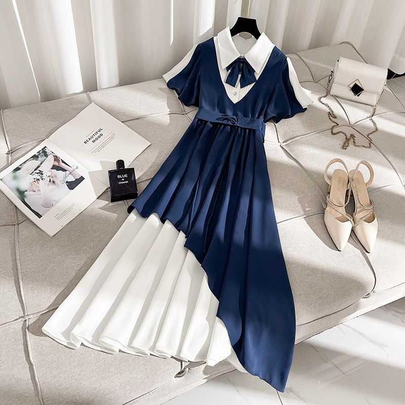 

Younger College Style Female Summer Plus Size Ladies Kikyou Dress Blue M
