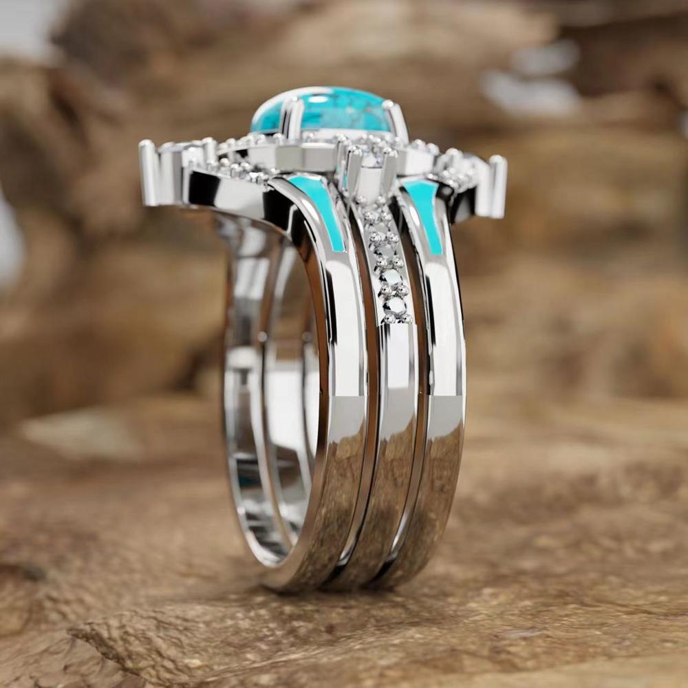 Anello di cristallo turchese retrò di moda per le donne Set di anelli di colore argento bohémien Set di gioielli Boho Set di 3 pezzi
