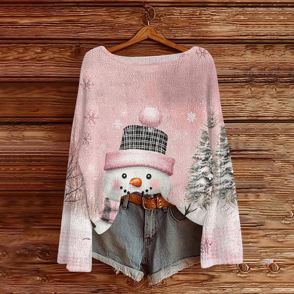 Women's Fashion Christmas Print Lightweight Sweater Casual Long-Sleeve Knit Pullover Top