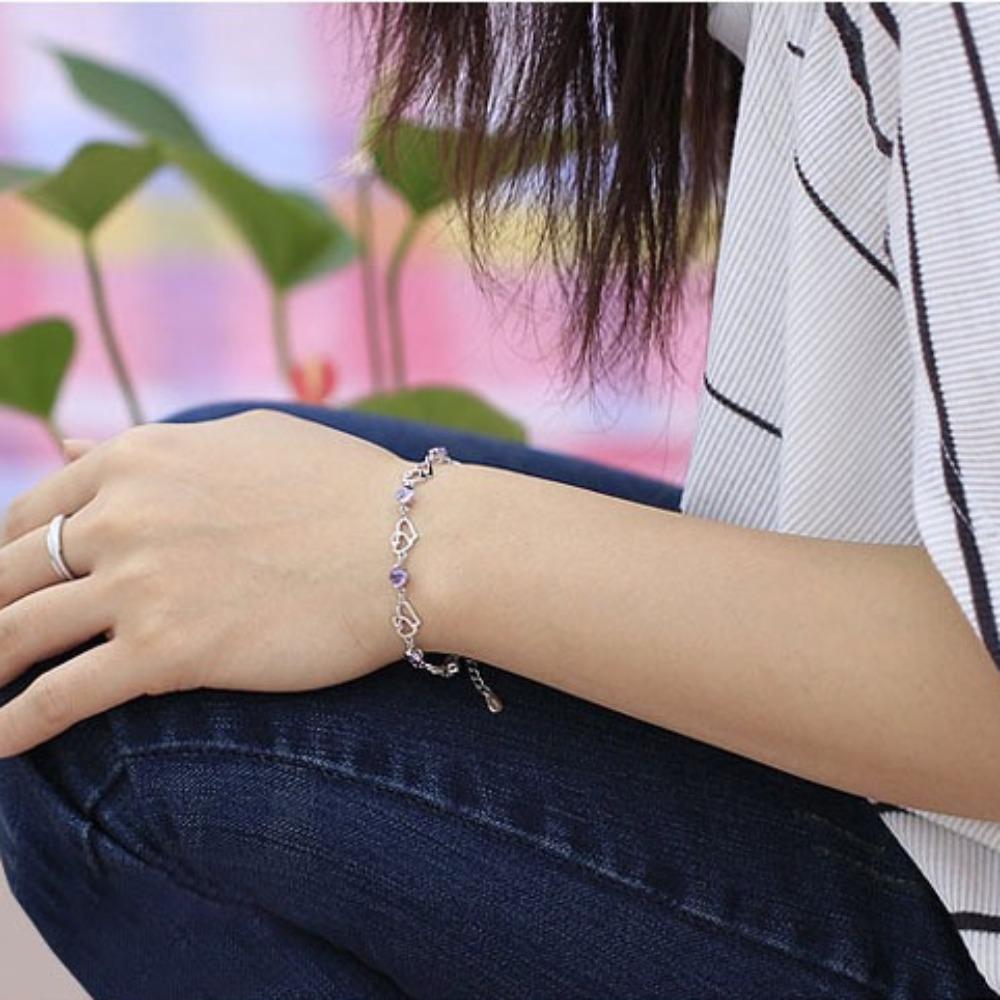 Double Heart Amethyst Bracelet Silver Plated Jewelry Elegant Wrist Accessory for Women