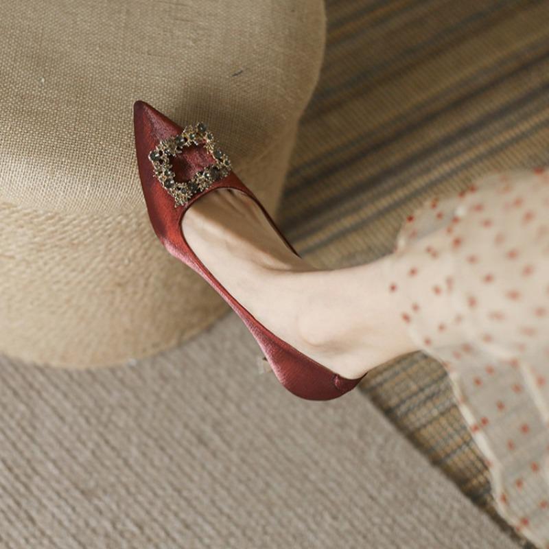 Silk Stiletto Single Shoes Fashion Pointed Toe Shallow Mouth Metal Buckle Slip-on Non-Slip High Heels
