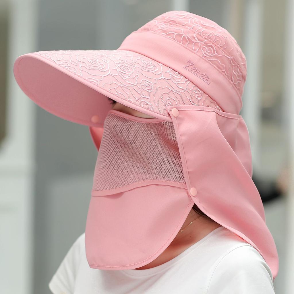 Women Wide Brim Face Mask Sun Hat Detachable Neck Face Flap Ponytail UV Protection Visor Hat Garden Fishing Hiking