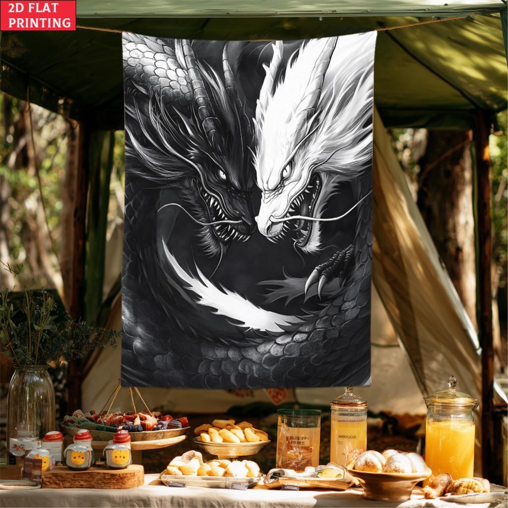 Black And White Dragon Yin Yang Tattoo Style Wall Tapestry Mythical Creature Art Decor For Bedroom Living Room