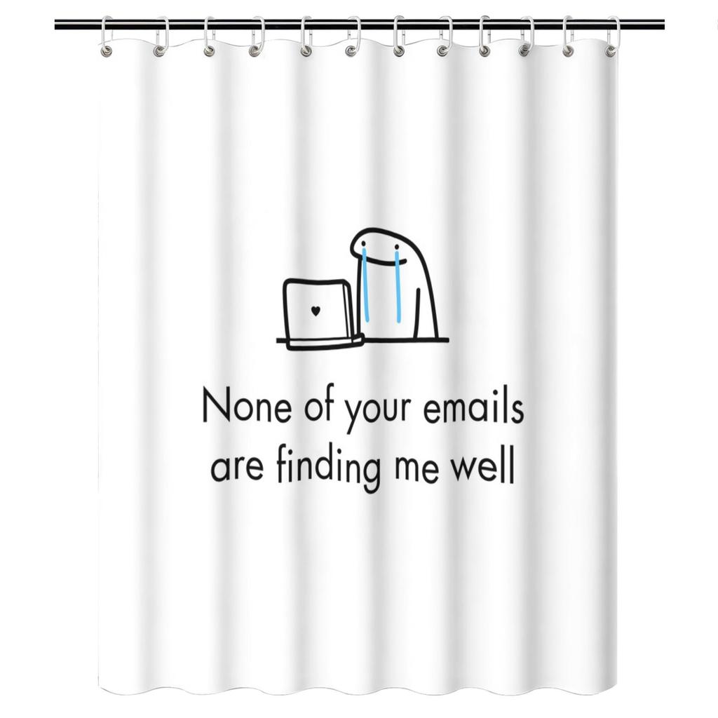Funny Quote Shower Curtain – “None Of Your Emails Are Finding Me Well”, Laptop & Towel Art, Minimalist White Design