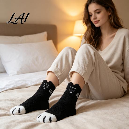 Winter Gifts for Girlfriends Cute Cat Paw Socks Women Fuzzy Socks Cozy Soft Plush Embroidered Women Animal Slipper Warm Coral Fleece Sleeping Autumn