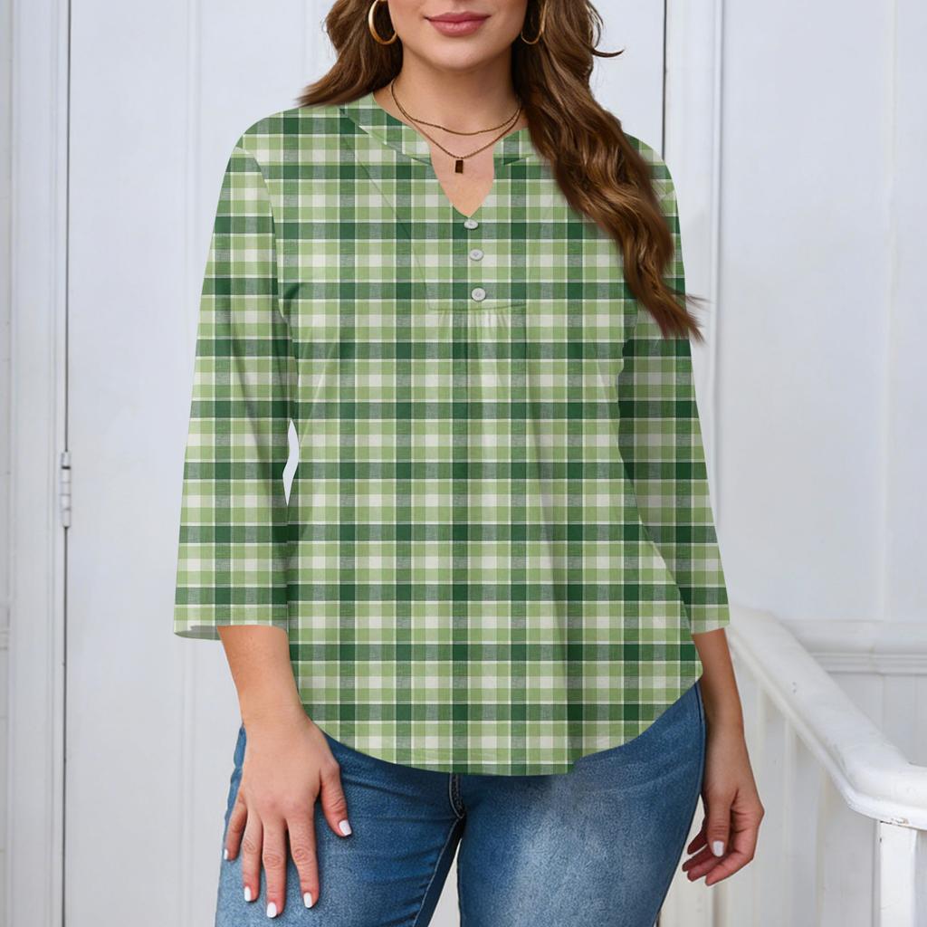 Women's Plus Size Fashionable Casual Loose Fit Three Quarter Sleeve Elegant Button Up V Neck Top