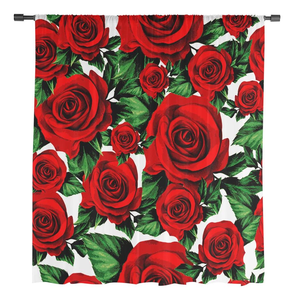 Valentine'S Day Flower Red Rose Flower Tulle Curtains for Living Room Kitchen Sheer Voile Curtain Bedroom Window Panels