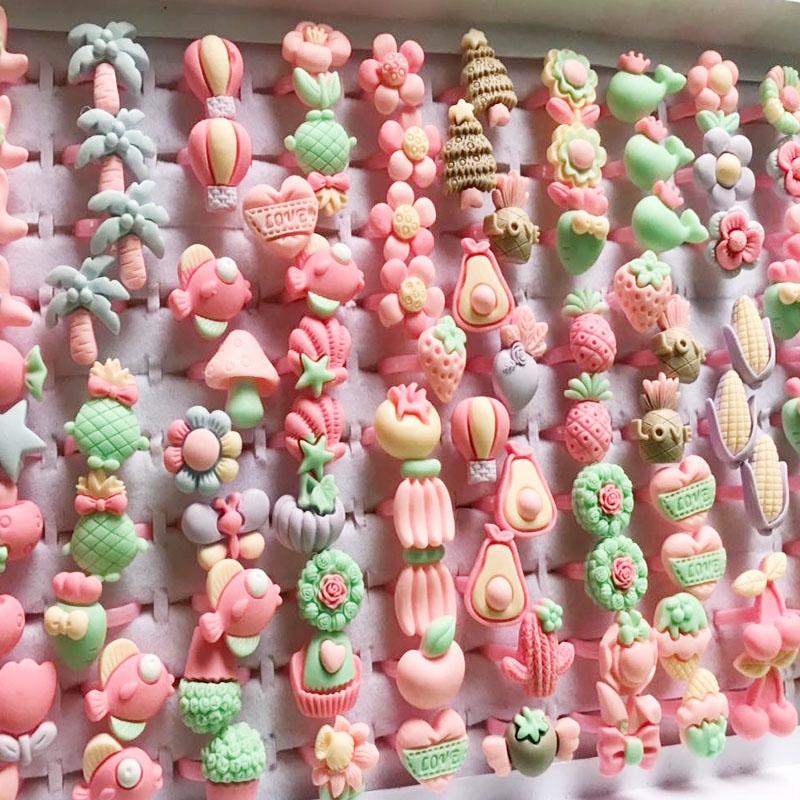 10pcs/Lot Cute Children's Cartoon Rings Glitter Flower Fruit Shape Plastic Adjustable Ope Excluding boxes