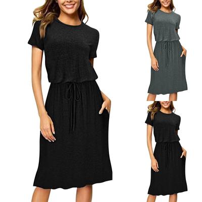 Women's Fashion Casual Solid Color Short Sleeve Round Neck Rope Tie Dress