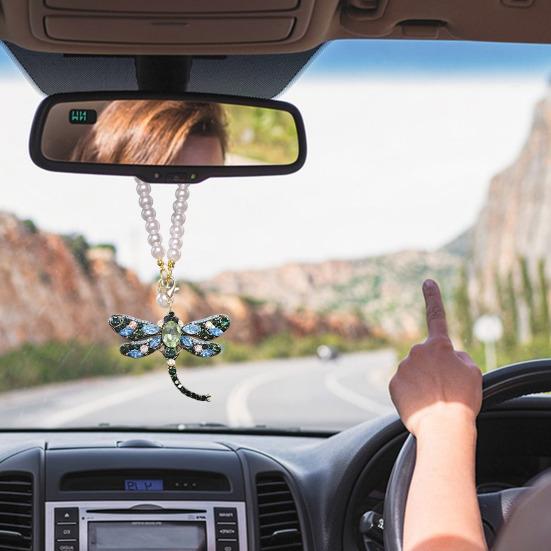 Yousheng Rhinestone Dragonfly Car Hanging Ornament Bling Rearview Mirror Pendant for Vehicle Sparkling Interior Decoration for Women