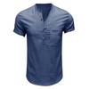 Men's Cross-Border Henley Shirt: European & American Style Cotton Linen Short-Sleeved Solid Color Pocket Shirt