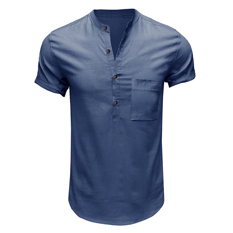 Men's Cross-Border Henley Shirt: European & American Style Cotton Linen Short-Sleeved Solid Color Pocket Shirt