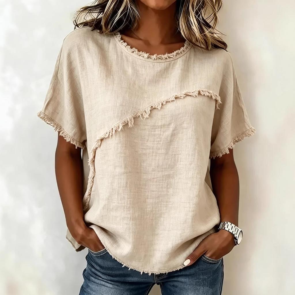 Women Loose Fit Short Sleeve Round Neck T-shirt with Distressed Raw Edge Seam Multi Colors