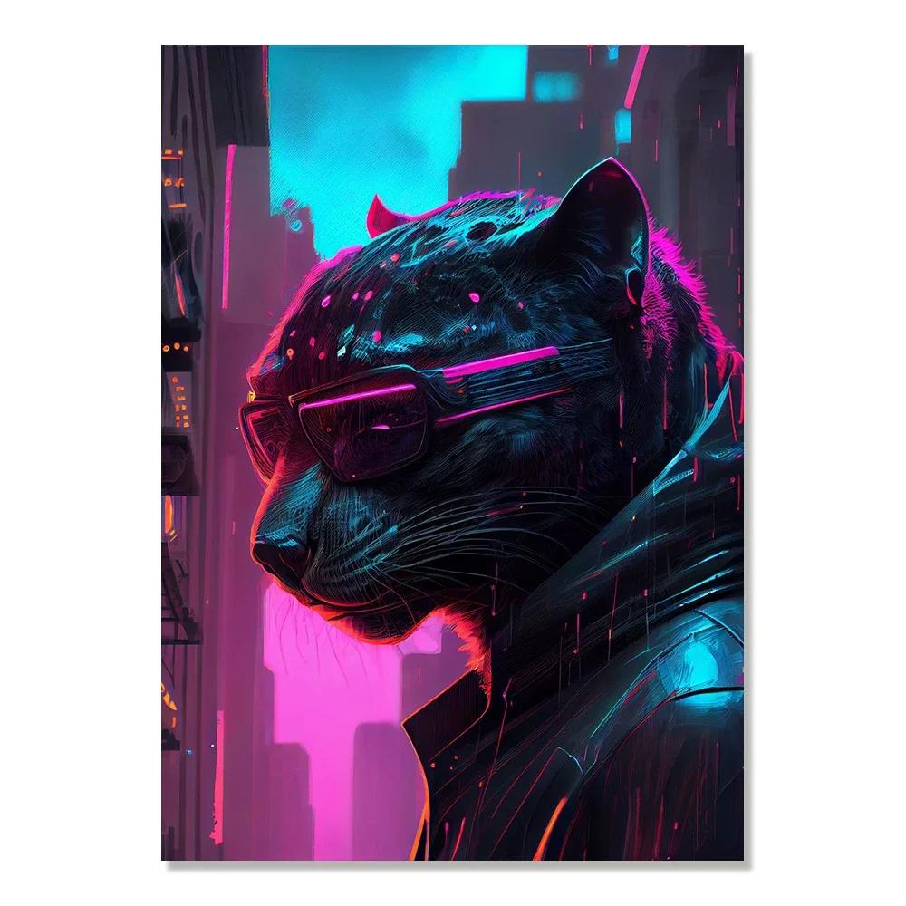 Cyberpunk Style Future Fantasy Lion Monkey Agent Animal Poster Wall Art Canvas Painting for Living Room Home Decoration