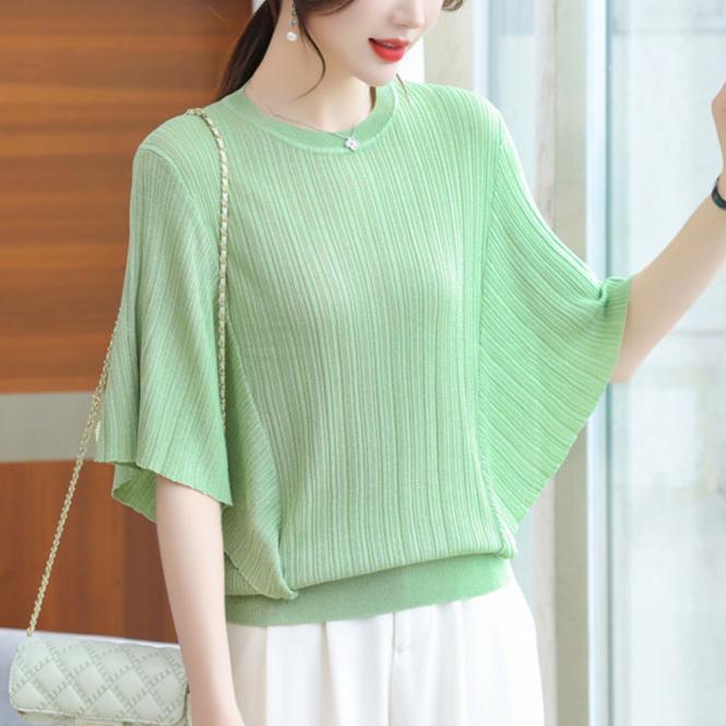 Crew Neck Knitted Sweater Top Women's Summer New Short-sleeved T-shirt