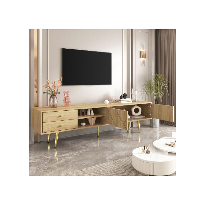 Armoire TV 160 Cm Avec Pieds Dorés, Deux Tiroirs Et Portes Au Design Unique