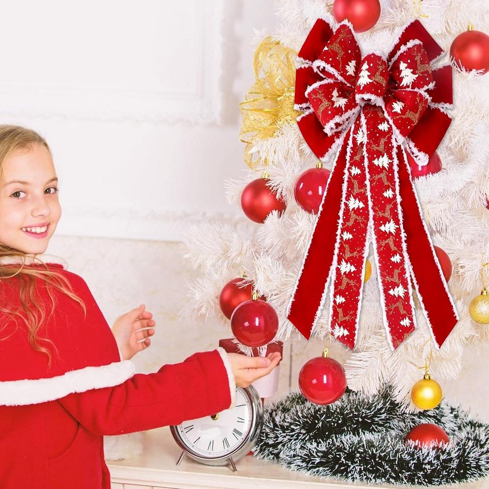 1pc Wired Red Christmas Bow with Snowflake Christmas Decoration for Tree Topper and Front Door, Gift Wrapping Accessories