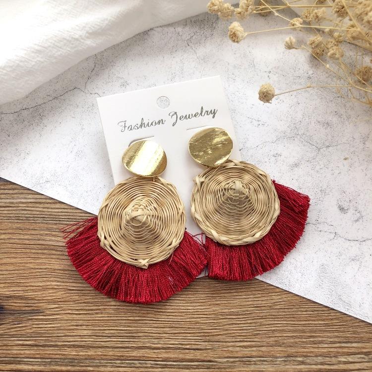 Holiday Style Handmade Grass Rattan Woven Earrings Retro Fringed Simple Stud Earrings Temperament Versatile Women's Earrings