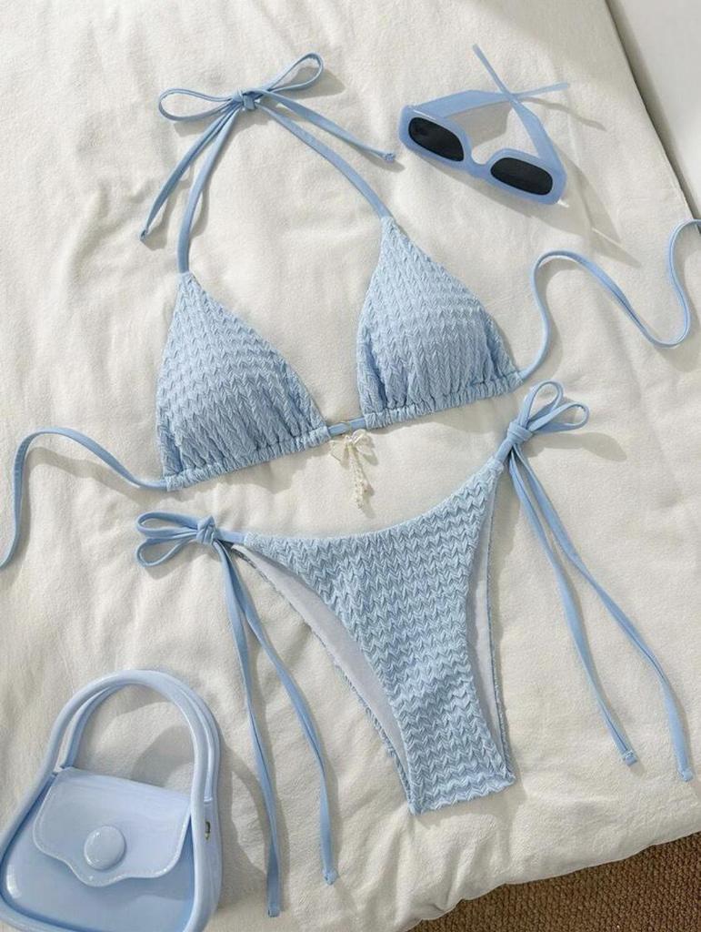 2025 Europäischer & Amerikanischer Damen Sexy Rückenfreier Träger Bikini in Unifarbe
