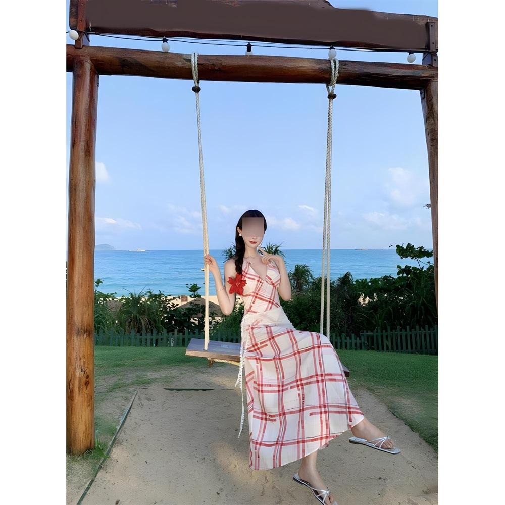 

Платье-сарафан Redskins женское летнее новое повседневное с завышенной талией и стройнящее, с длинным подолом, в красно-белую клетку XL- (recommended 110-60kg)