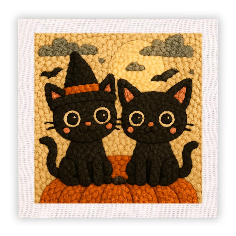 Punch Neddle Kit Black Cat Bat Embroidery Needle Kit with Frame Handcraft Sewing Set Diy Craft Gift for Halloween 25x25cm New