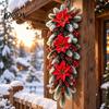 Festive Snowy Pine Needle Swag Holiday Entrance Wall Ornament, Red Poinsettia Berry Decor, Natural Decor Cone Hanging Swag, Needles Scandinavian Home