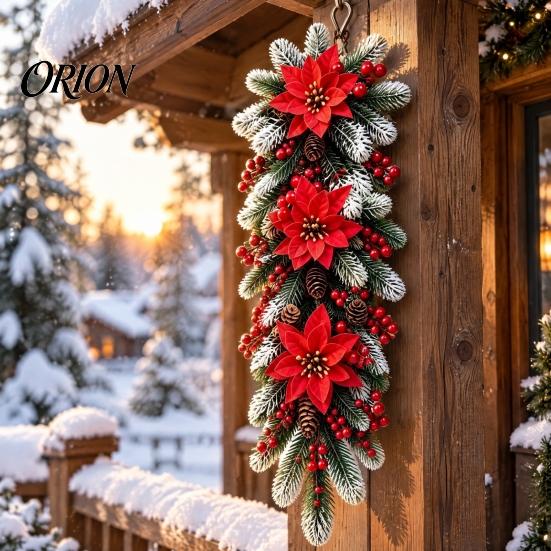 Festive Snowy Pine Needle Swag Holiday Entrance Wall Ornament, Red Poinsettia Berry Decor, Natural Decor Cone Hanging Swag, Needles Scandinavian Home