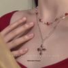Men's Hip Hop Titanium Steel Multi-Layer Cuban Chain Necklace with Red Cross Pendant