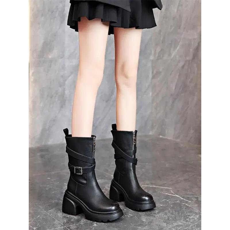 Women'S New Autumn/Winter Thick Soled Front Zipper Knight Boots Black Retro Casual Motorcycle Boots Short Tube