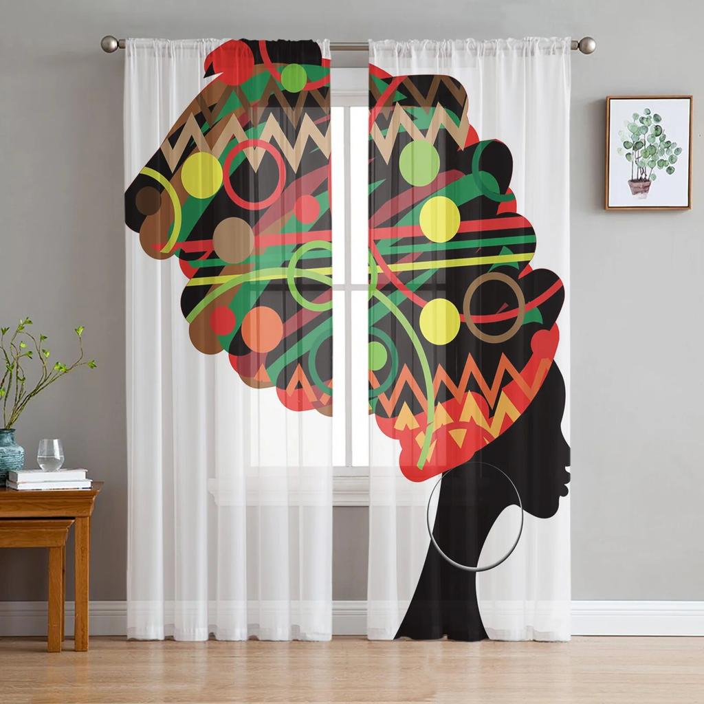 African Woman Skirt Texture Tulle Curtains for Living Room Bedroom Sheer Curtain for Balcony Hall Fashion Printed Home Drapes