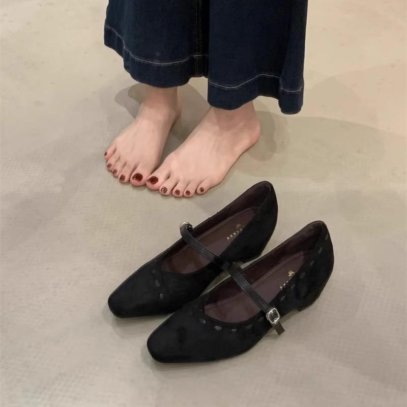 Inner heightening suede black single shoes women's shoes 2025 new spring and autumn square head with skirt Mary Jane evening shoes