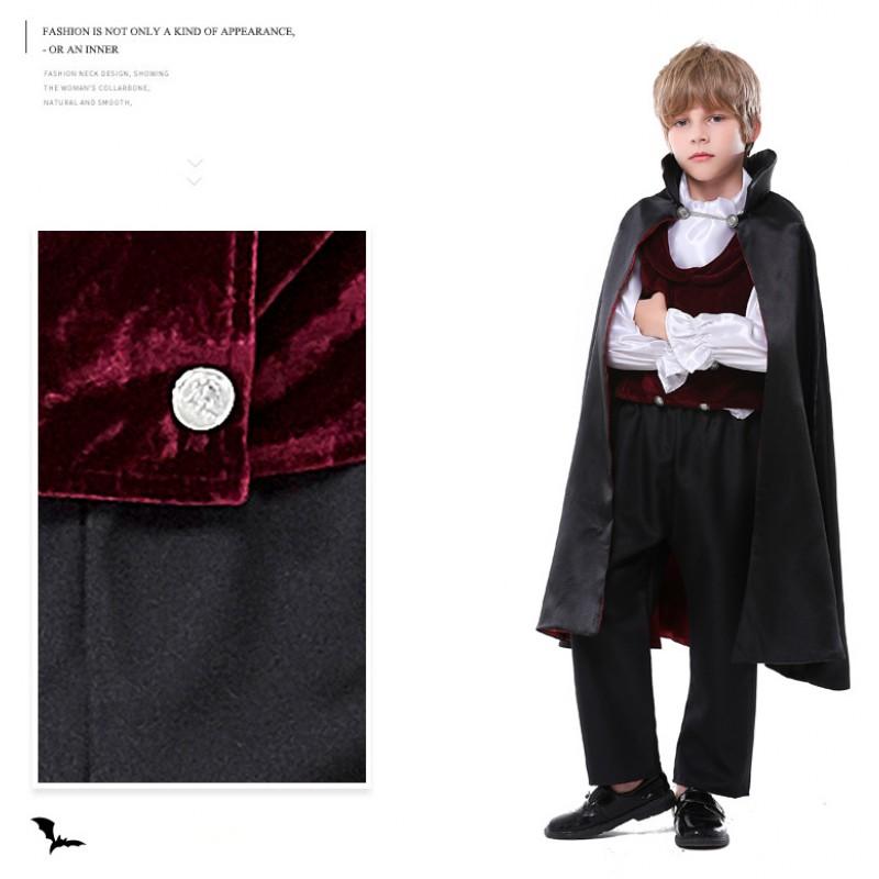 Boys Vampire Costume Set Black Red Cape Formal Outfit Halloween Party Stage Performance