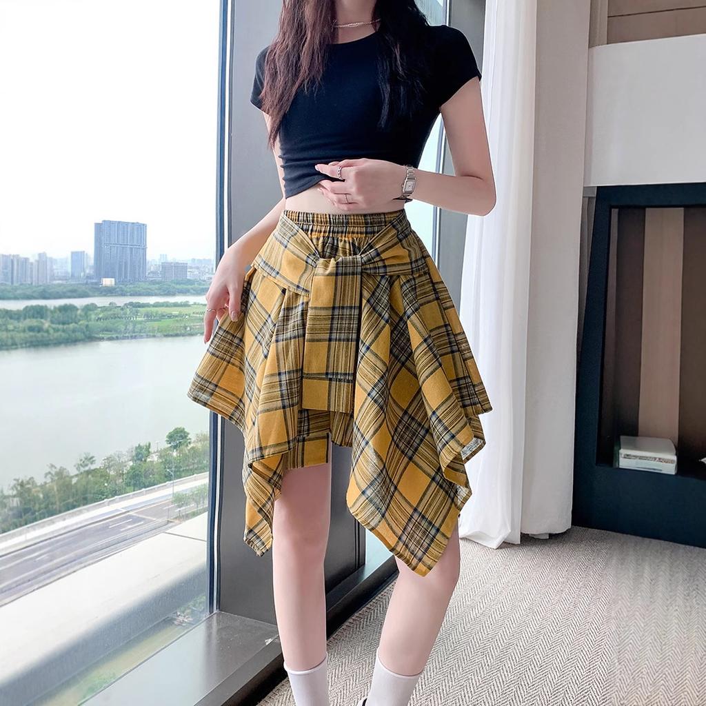Blue Irregular Strap Skirt Women's Summer Design Sense Niche Plaid Skirt